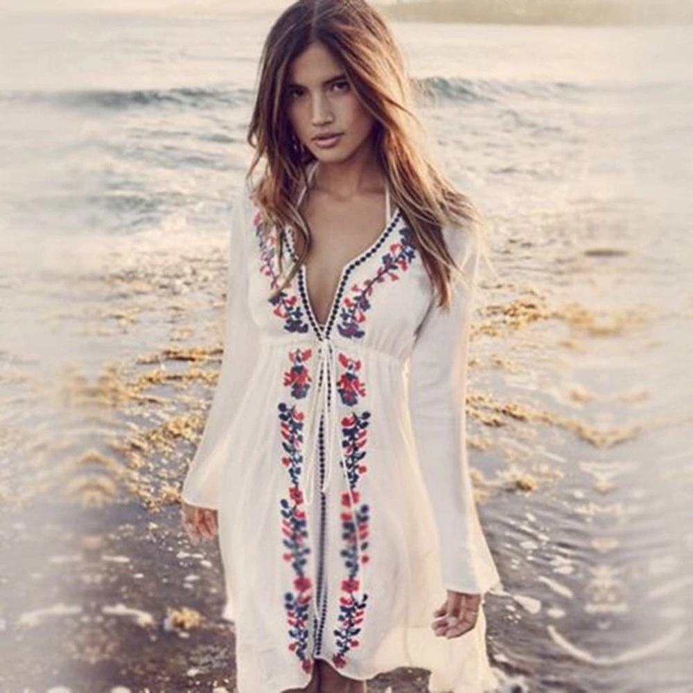 NEW Embroidered Boho White Kaftan Beach Dress